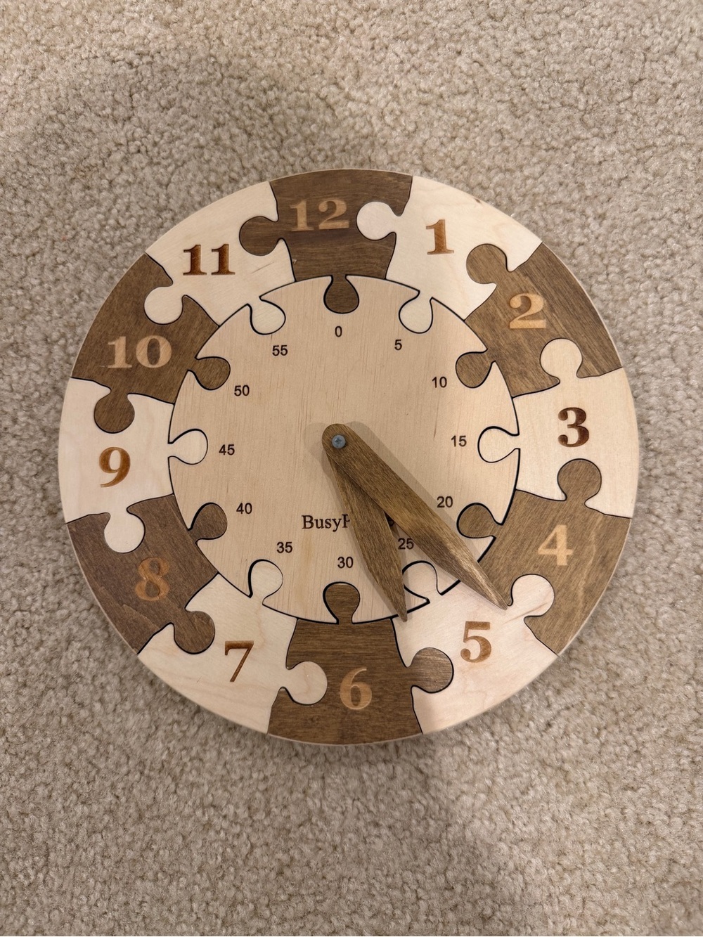 BusyPuzzle Wooden Puzzle Clock Toy in Natural and Brown
